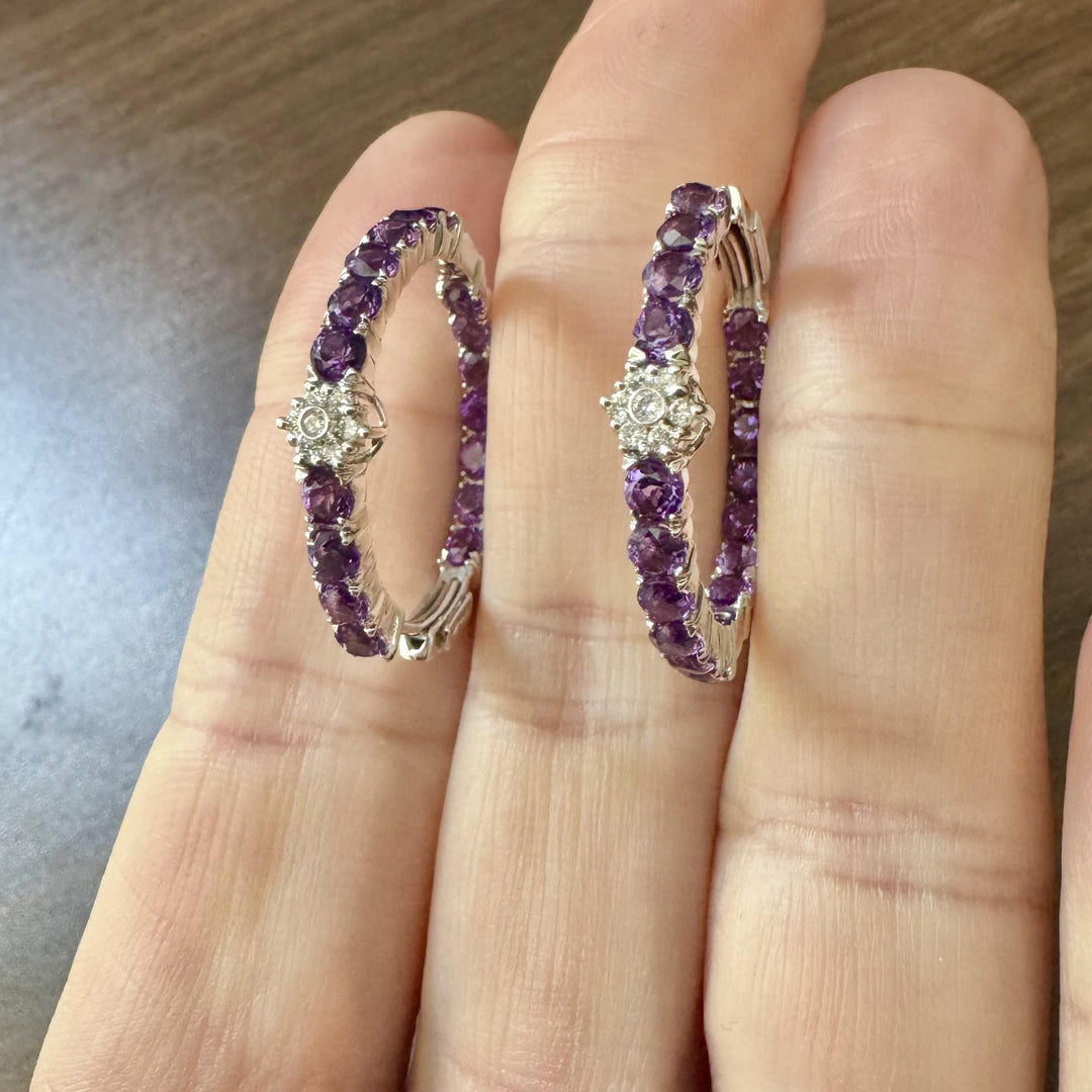 18k White Gold Amethyst and Diamond Inside Out Hoop Earrings Italy 1"