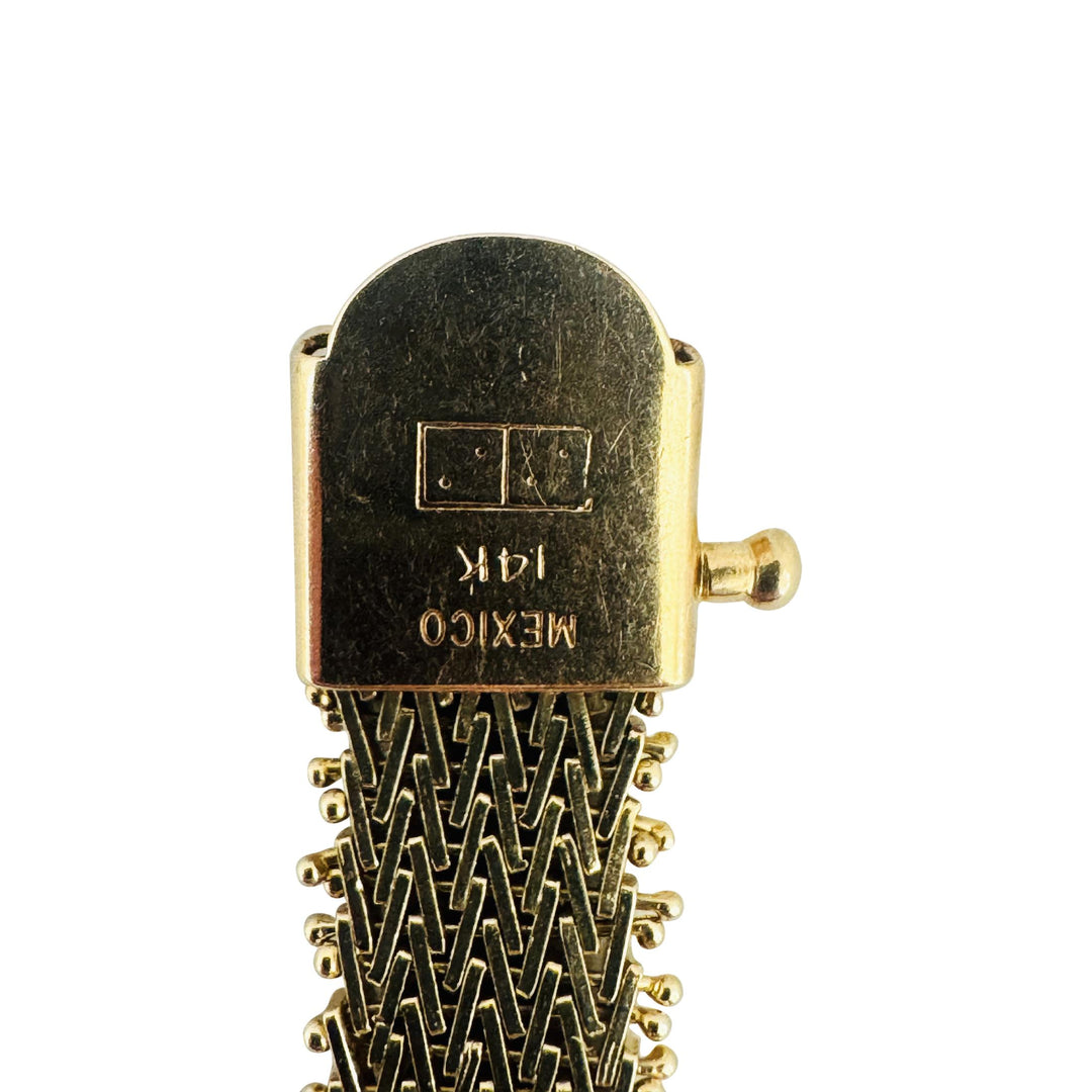 14k Yellow Gold 22g Solid 9mm Beaded Mesh Wheat Link Bracelet Mexico 7.5"