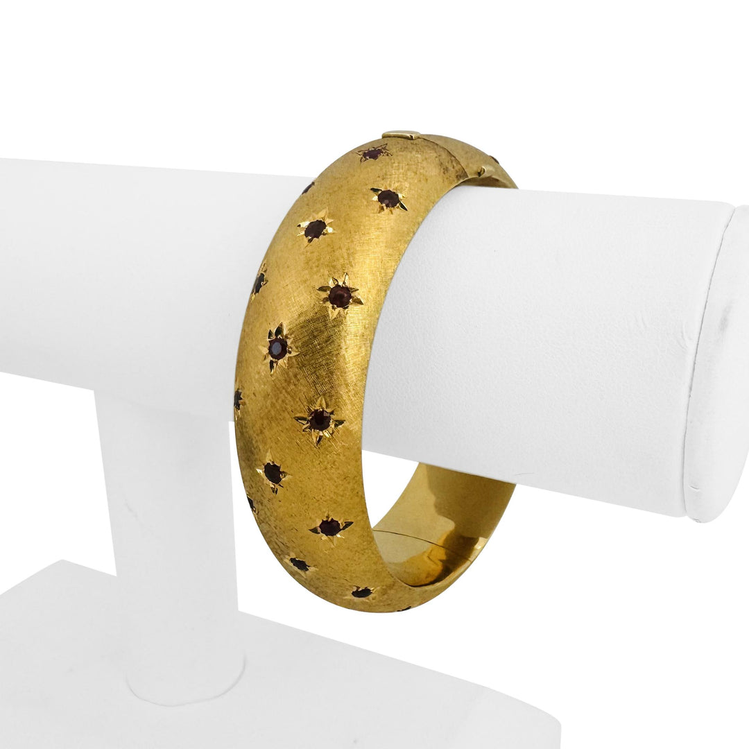 14k Yellow Gold and Ruby 69g Heavy Vintage Florentine Bangle Bracelet 7.25"