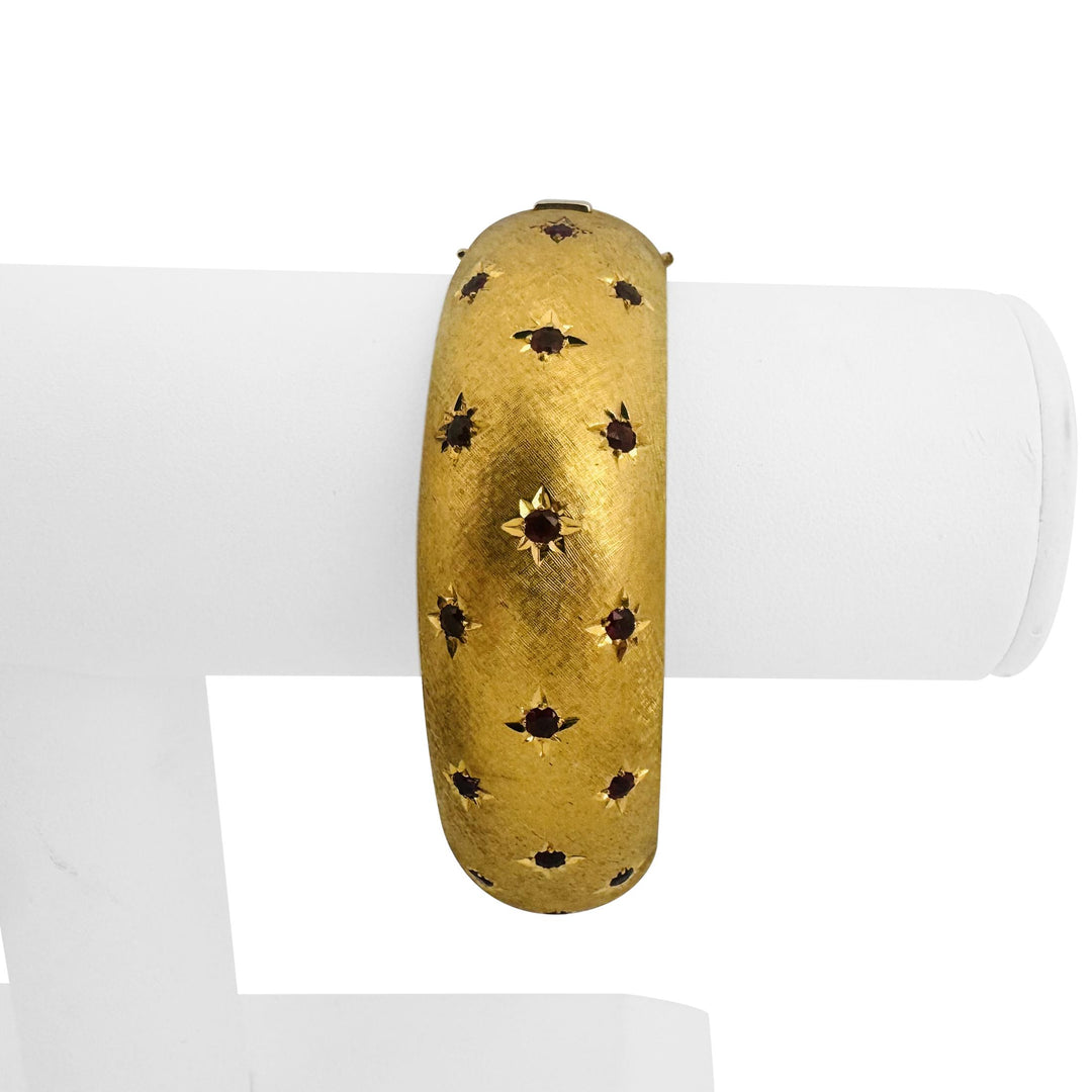 14k Yellow Gold and Ruby 69g Heavy Vintage Florentine Bangle Bracelet 7.25"