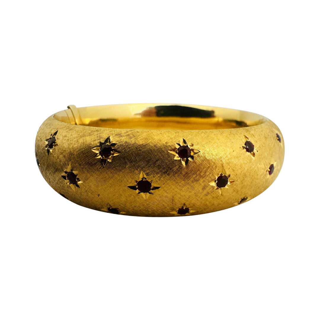 14k Yellow Gold and Ruby 69g Heavy Vintage Florentine Bangle Bracelet 7.25"
