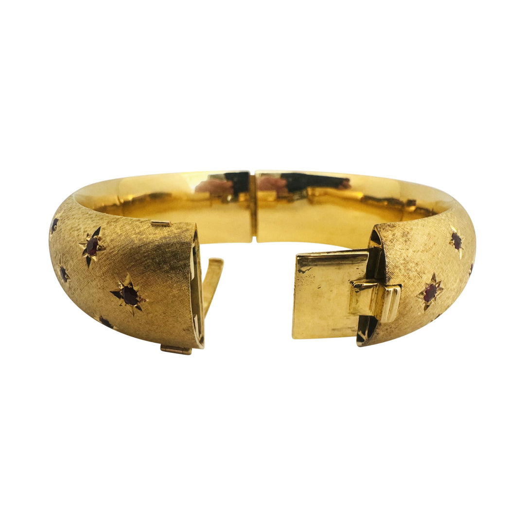 14k Yellow Gold and Ruby 69g Heavy Vintage Florentine Bangle Bracelet 7.25"