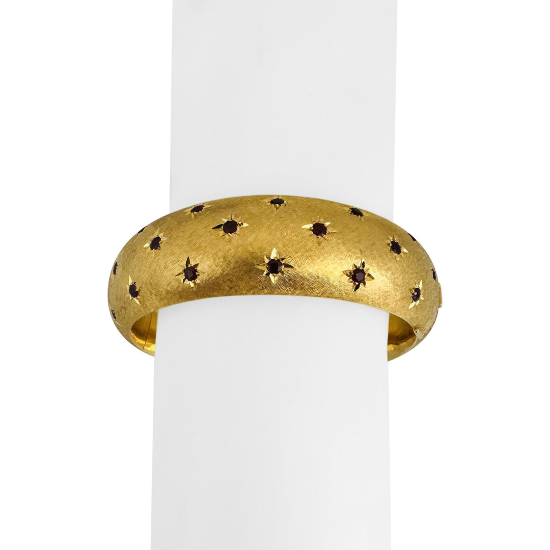 14k Yellow Gold and Ruby 69g Heavy Vintage Florentine Bangle Bracelet 7.25"