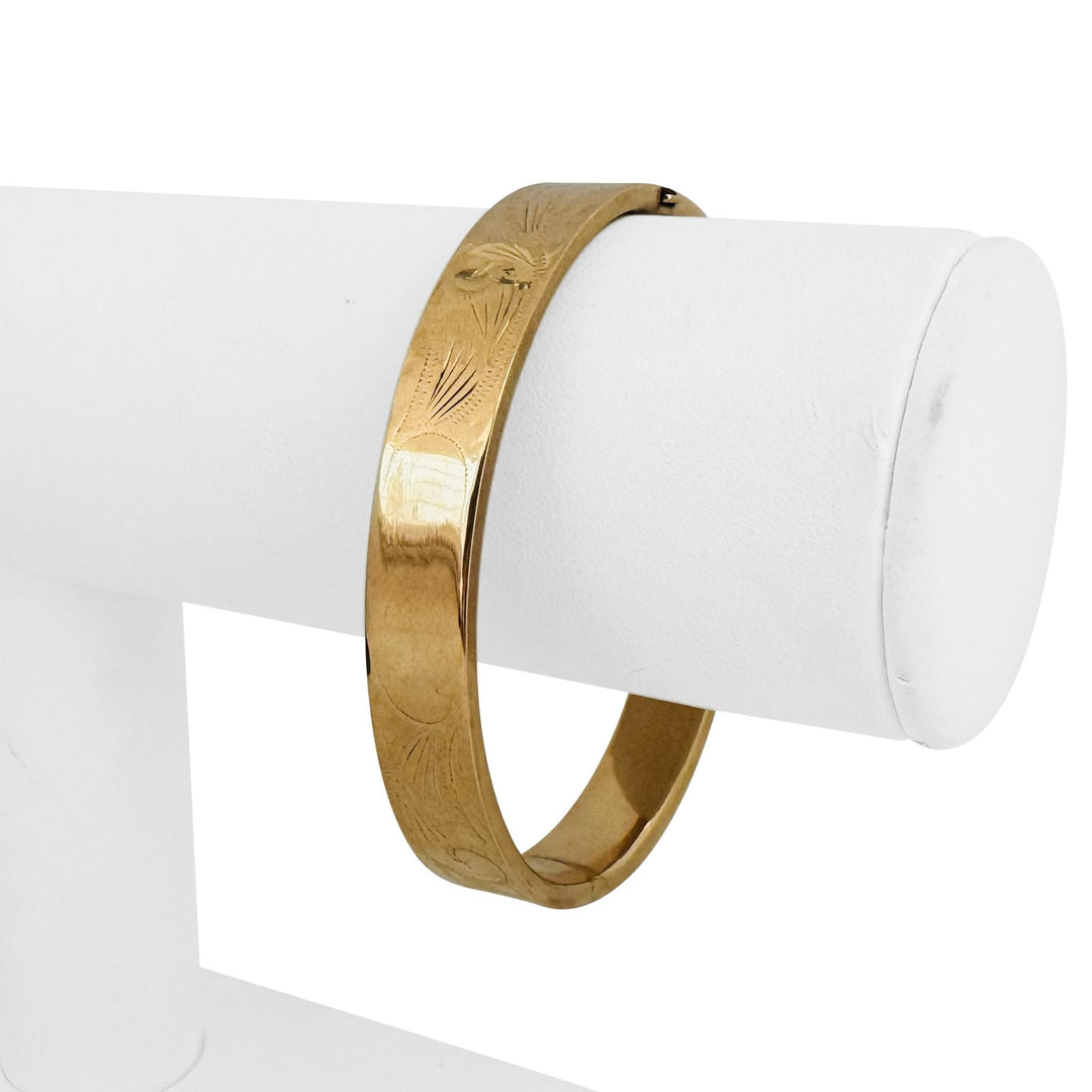14k Yellow Gold 13.9g Ladies Flat Edge Engraved and Polished Bangle Bracelet 7"