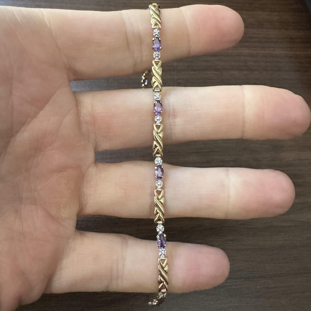 14k Yellow Gold Amethyst and Diamond 4.5g Ladies Fancy Link Bracelet 7"