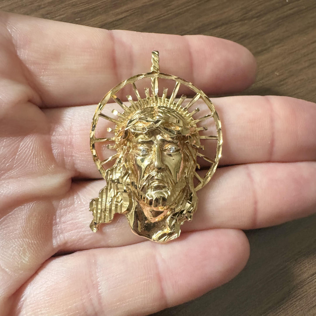 19k Yellow Gold 15.2g Solid Heavy Jesus Head Pendant 2"