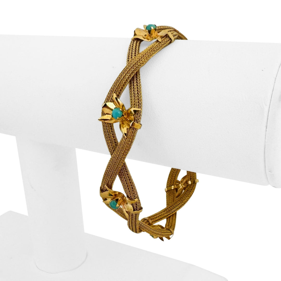 18k Yellow Gold and Turquoise 15.2g Vintage Braided Mesh Bracelet 7.25"