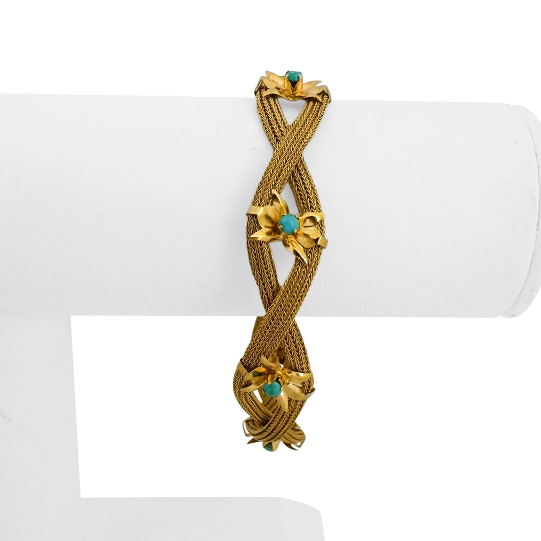 18k Yellow Gold and Turquoise 15.2g Vintage Braided Mesh Bracelet 7.25"