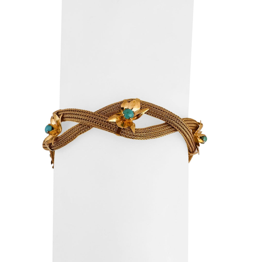18k Yellow Gold and Turquoise 15.2g Vintage Braided Mesh Bracelet 7.25"