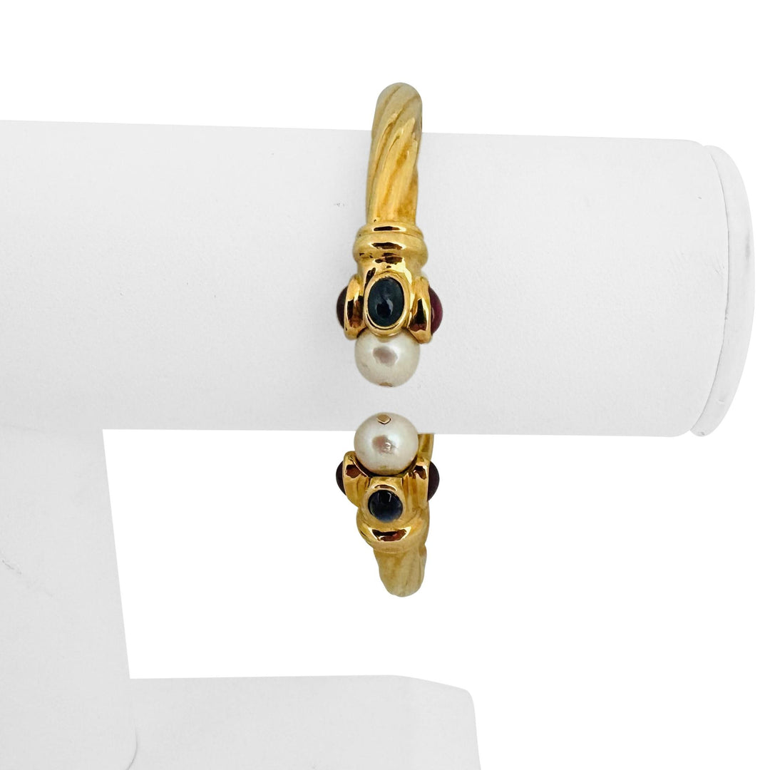 18k Yellow Gold Pearl and Cabochon Gemstones Spiral Bangle Bracelet Italy 6.75"