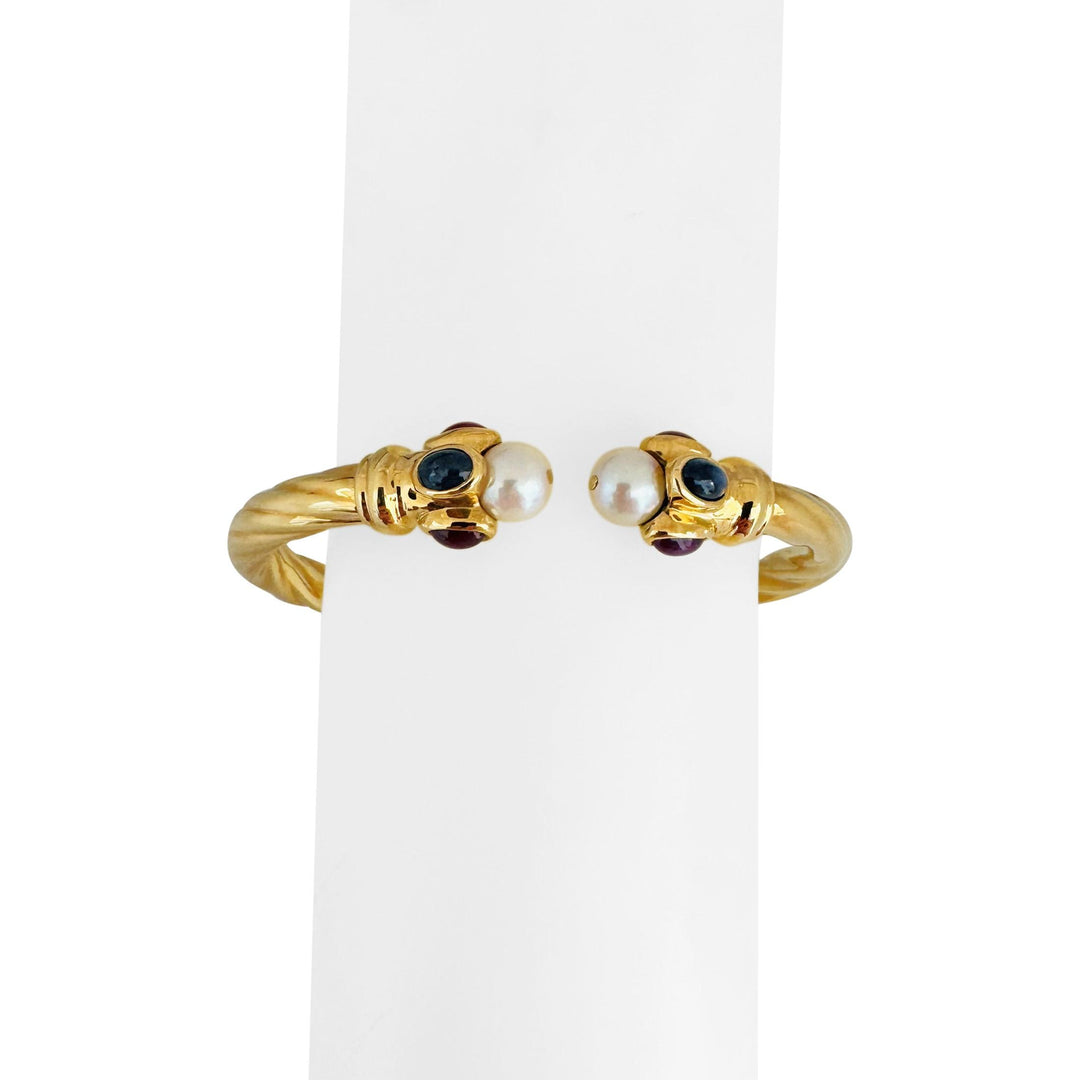 18k Yellow Gold Pearl and Cabochon Gemstones Spiral Bangle Bracelet Italy 6.75"