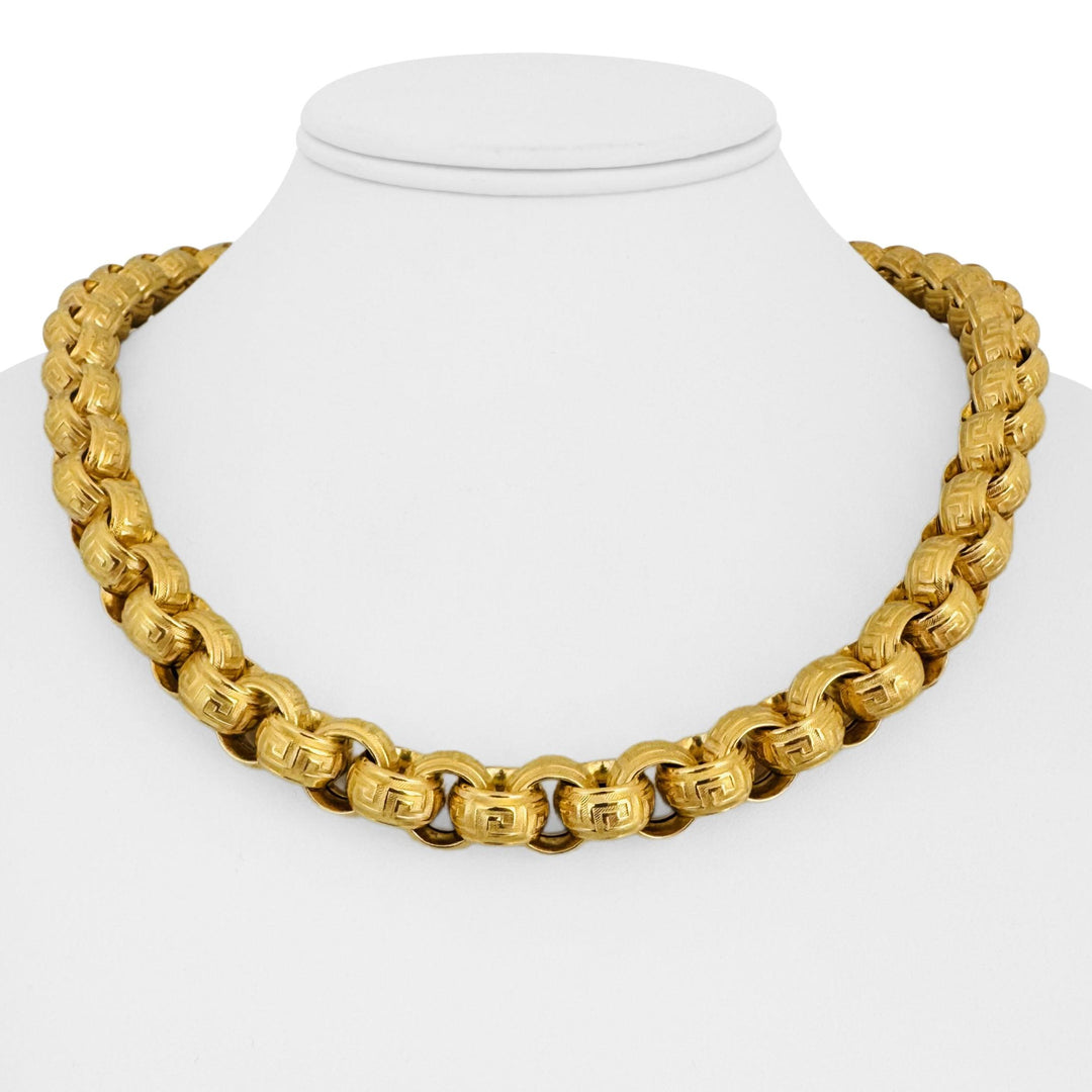 18k Two Tone Gold 55g Thick Hollow Panther Clasp Greek Key Necklace Italy 20"