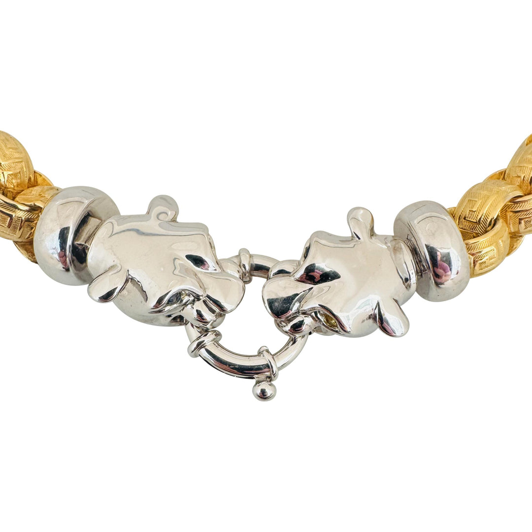 18k Two Tone Gold 55g Thick Hollow Panther Clasp Greek Key Necklace Italy 20"