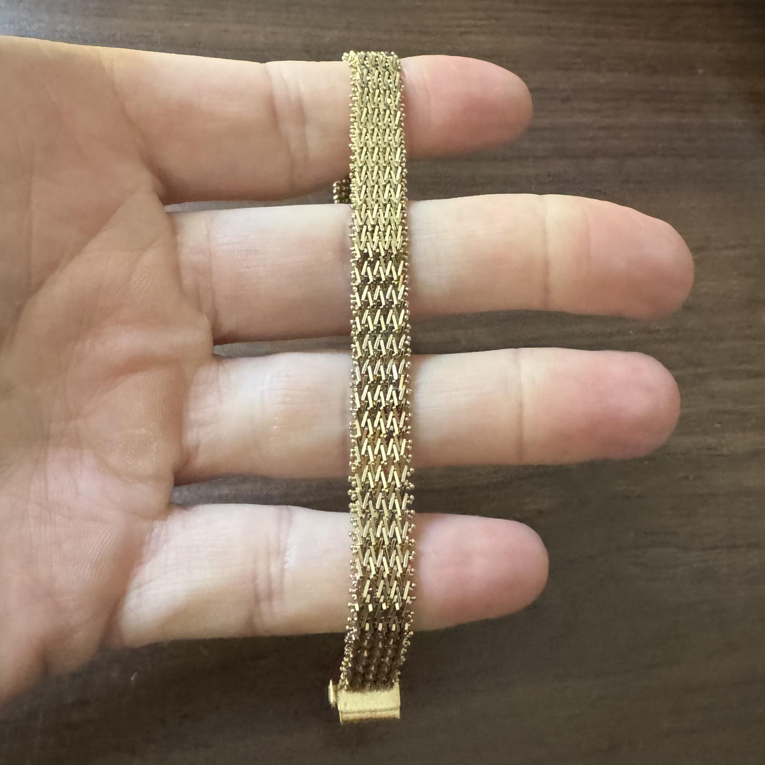 14k Yellow Gold 22g Solid 9mm Beaded Mesh Wheat Link Bracelet Mexico 7.5"
