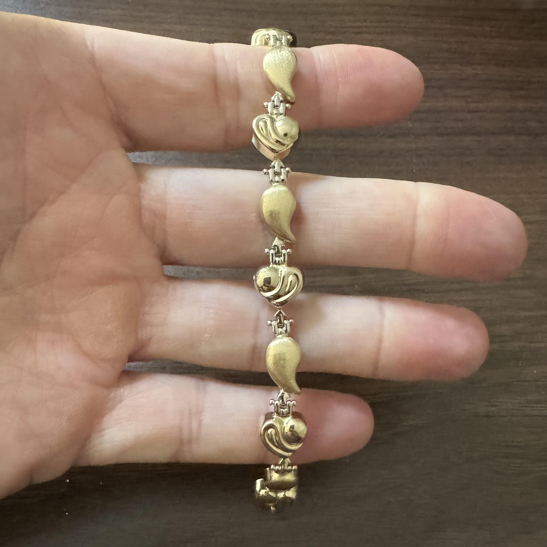 14k Yellow Gold 11.9g Ladies Fancy Heart and Tear Drop Bracelet 6.5"