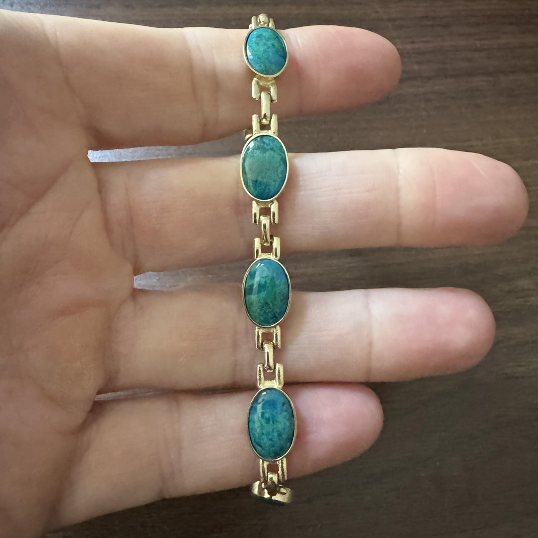 14k Yellow Gold and Chrysocolla 15.8g Ladies Link Bracelet 7"