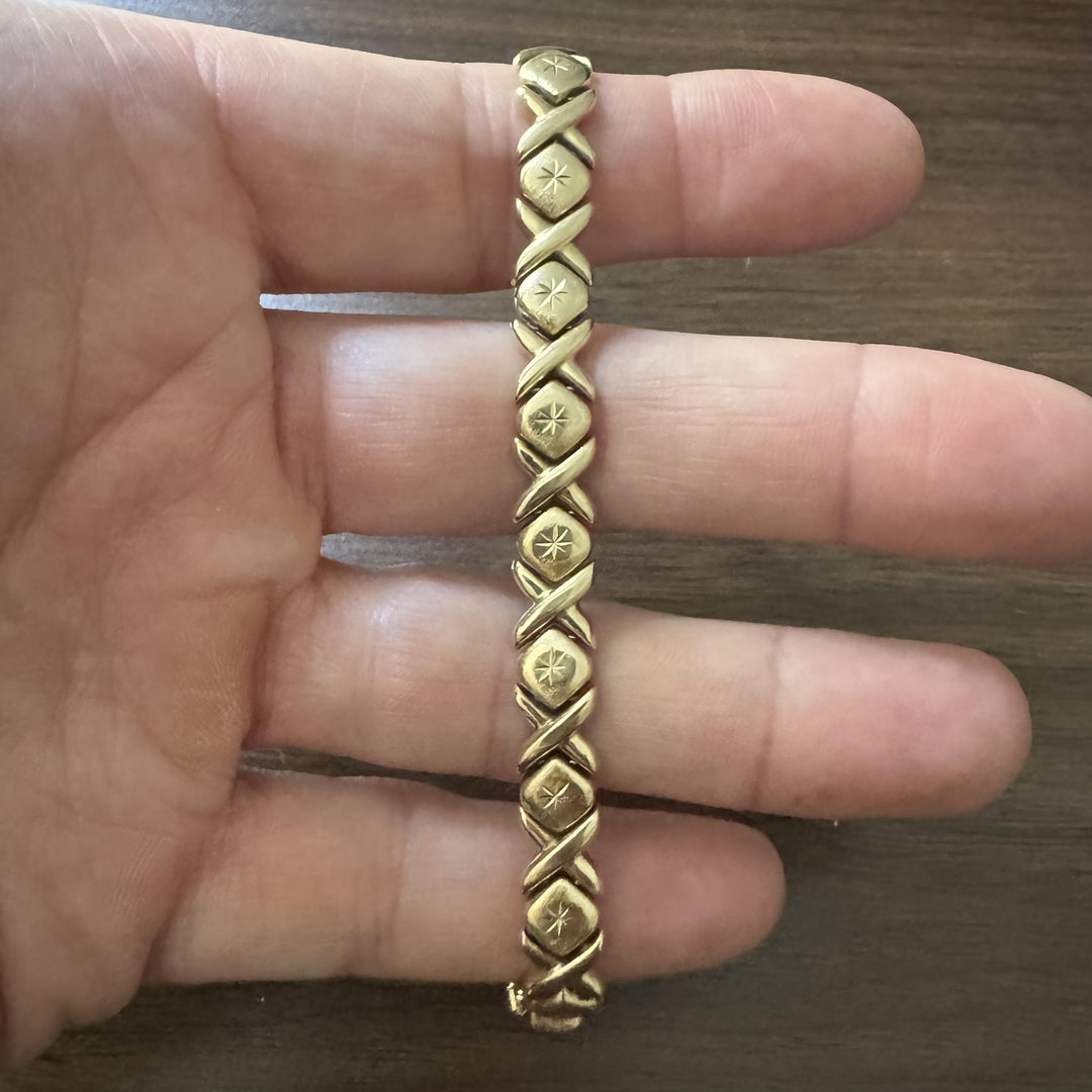 14k Yellow Gold 13g Ladies Vintage 9mm Hugs and Kisses XO Link Bracelet 7"
