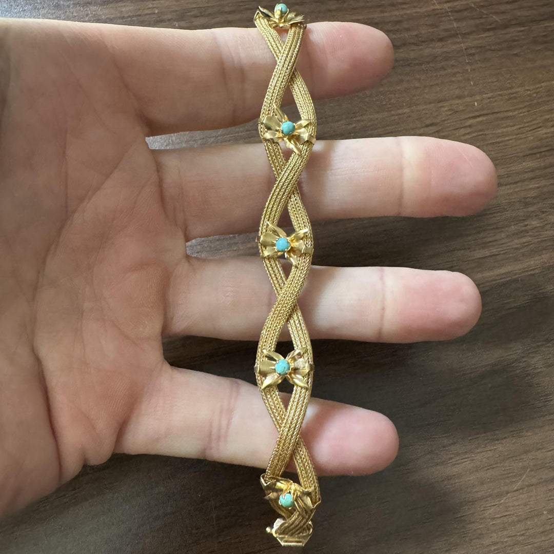 18k Yellow Gold and Turquoise 15.2g Vintage Braided Mesh Bracelet 7.25"