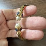 18k Yellow Gold Pearl and Cabochon Gemstones Spiral Bangle Bracelet Italy 6.75"