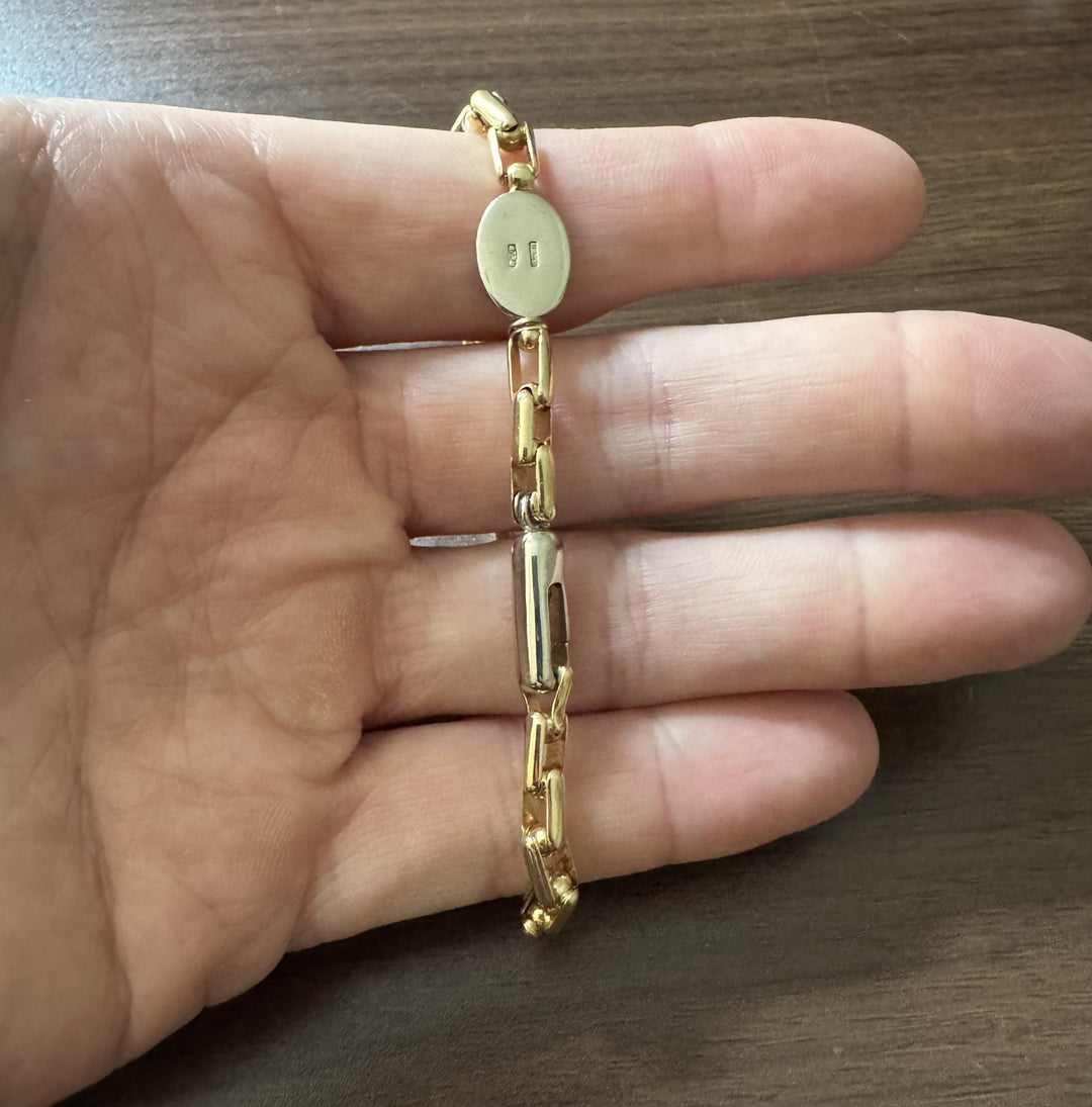 18k Yellow and White Gold 24.3g Solid Heavy Elongated Box Link Bracelet Italy 8"