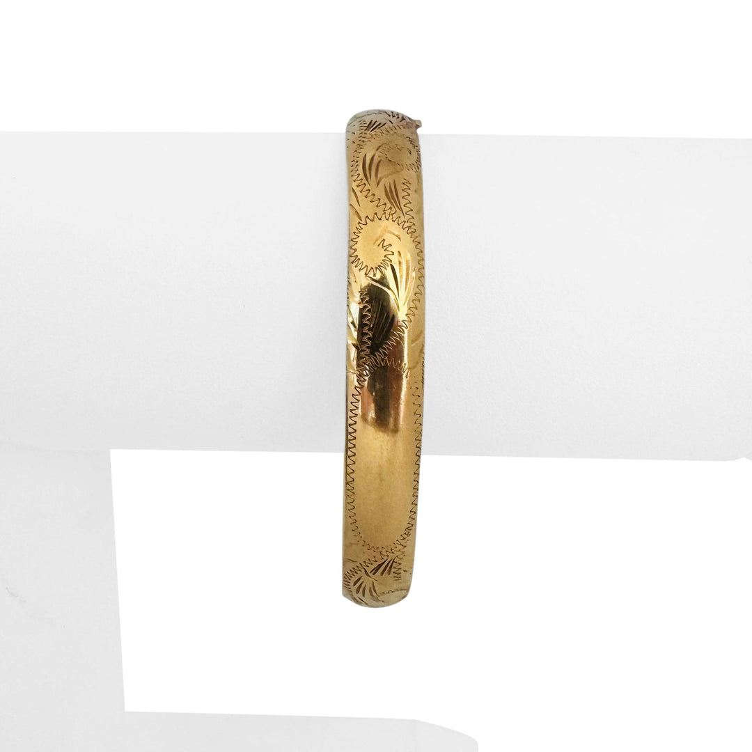 14k Yellow Gold 13.5g Vintage Ladies Polished Floral Bangle Bracelet 7"
