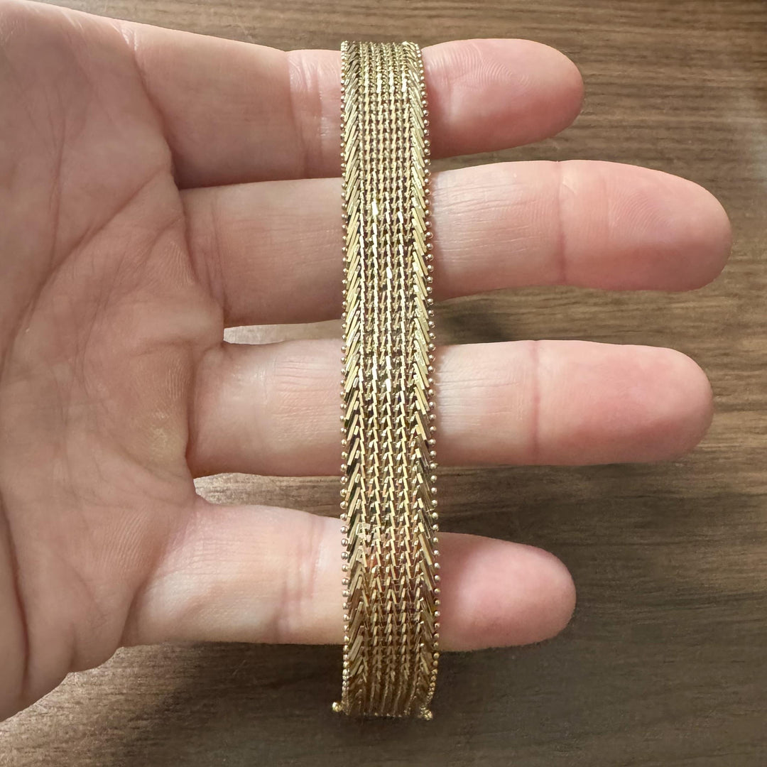 14k Yellow Gold 23.9g Imperial Gold 14mm Beaded Mesh Wheat Link Bracelet 7"