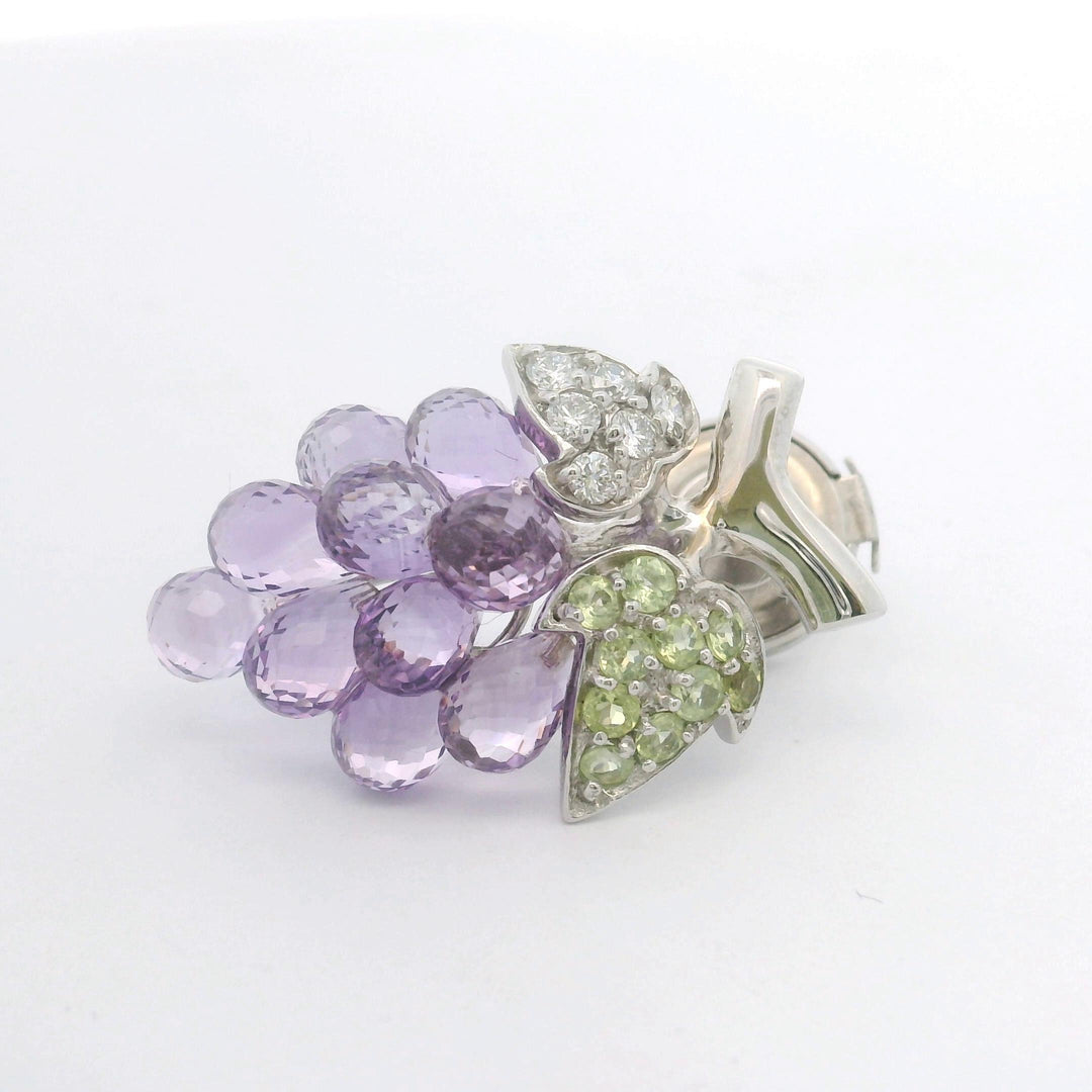 14k White Gold Amethyst Peridot and Diamond Bunch of Grapes Brooch Pin