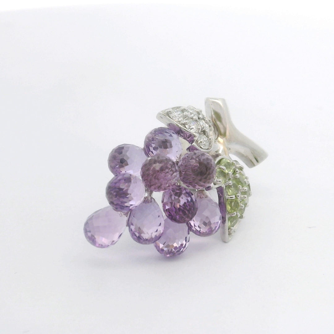 14k White Gold Amethyst Peridot and Diamond Bunch of Grapes Brooch Pin