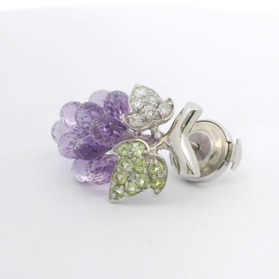 14k White Gold Amethyst Peridot and Diamond Bunch of Grapes Brooch Pin