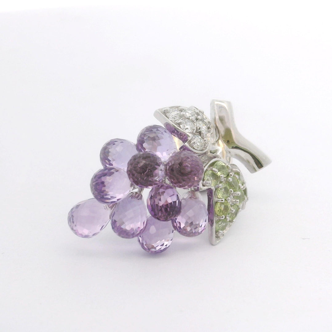 14k White Gold Amethyst Peridot and Diamond Bunch of Grapes Brooch Pin