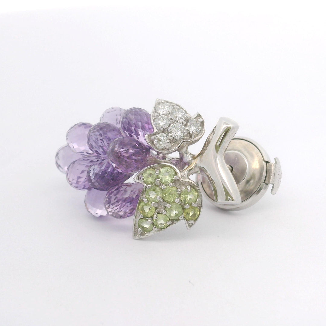 14k White Gold Amethyst Peridot and Diamond Bunch of Grapes Brooch Pin