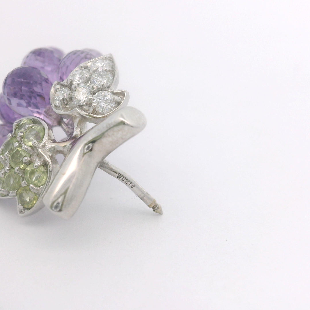 14k White Gold Amethyst Peridot and Diamond Bunch of Grapes Brooch Pin
