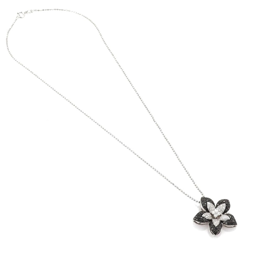 14k White Gold Black & White Diamond Flower Pendant Necklace 15.5"
