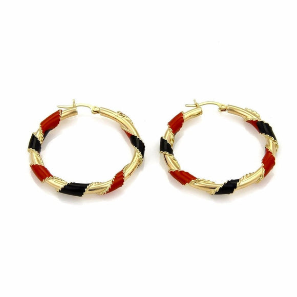 14k Yellow Gold Red & Black Enamel Ribbon Hoop Earrings 1.5