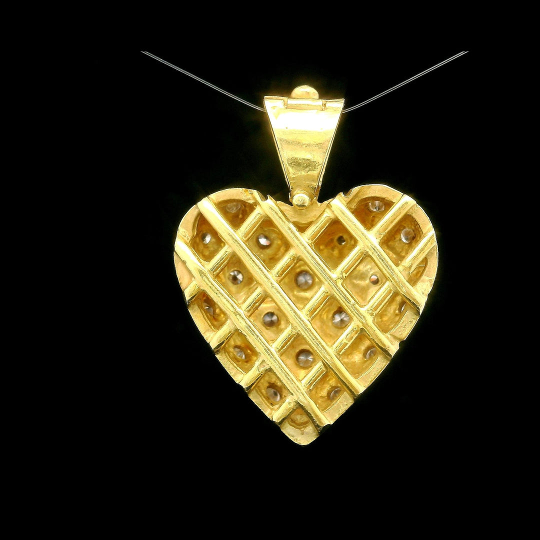 18k Yellow Gold and Diamond 14.2g Solid Vintage Puffed Heart Pendant 1.25"