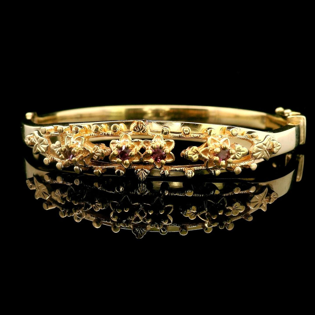 14k Yellow Gold and Ruby 12g Vintage Floral Bangle Bracelet 6.25"