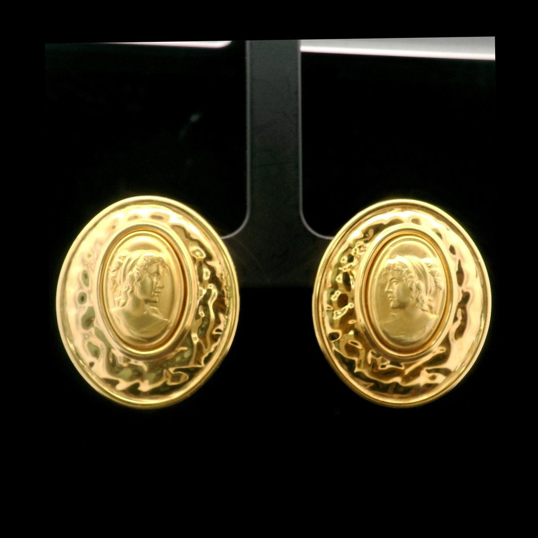 14k Yellow Gold 10g Oval Lady Cameo Large Earrings Italy 1.2"