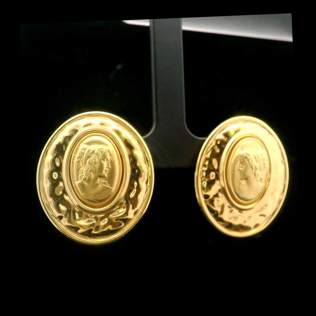 14k Yellow Gold 10g Oval Lady Cameo Large Earrings Italy 1.2"