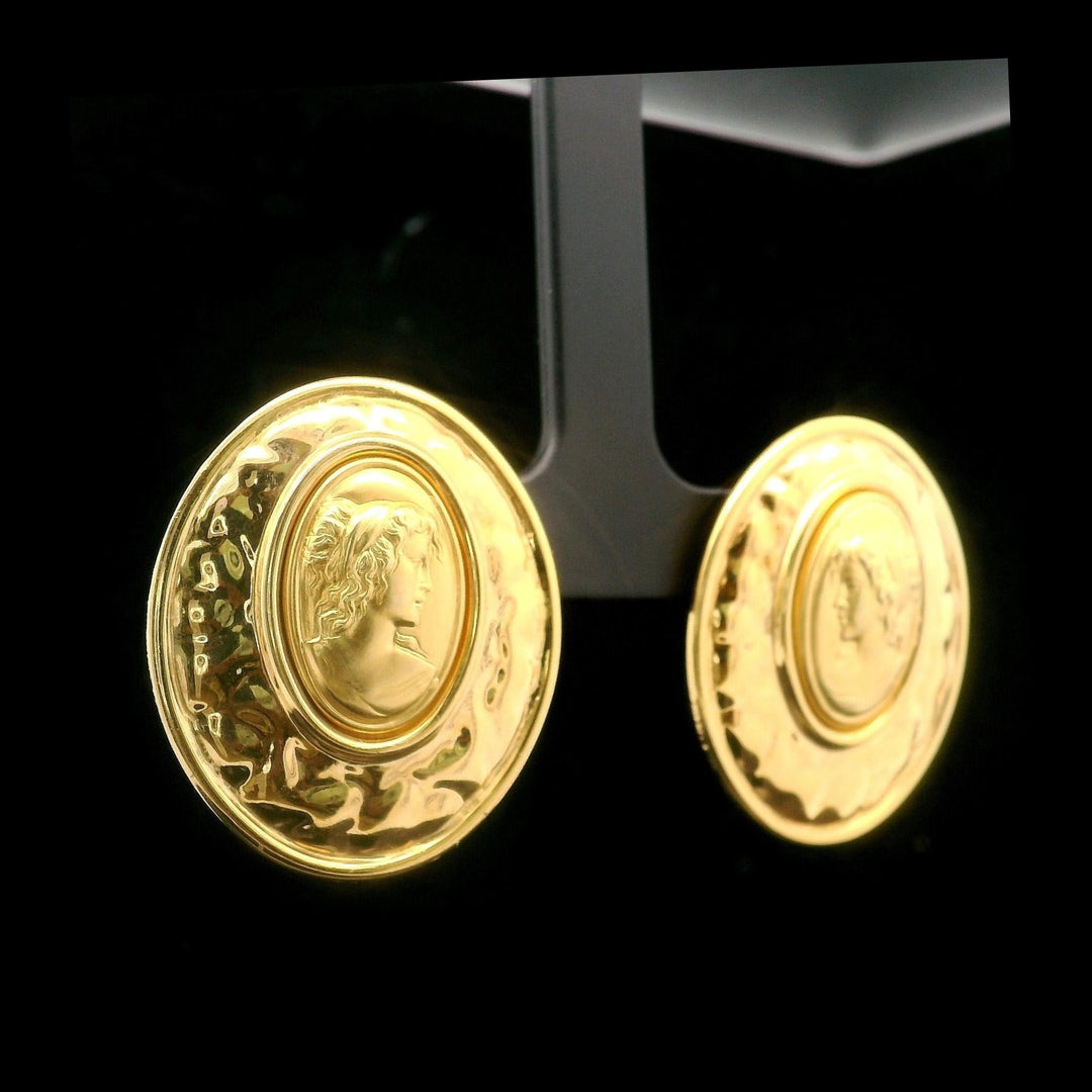 14k Yellow Gold 10g Oval Lady Cameo Large Earrings Italy 1.2"