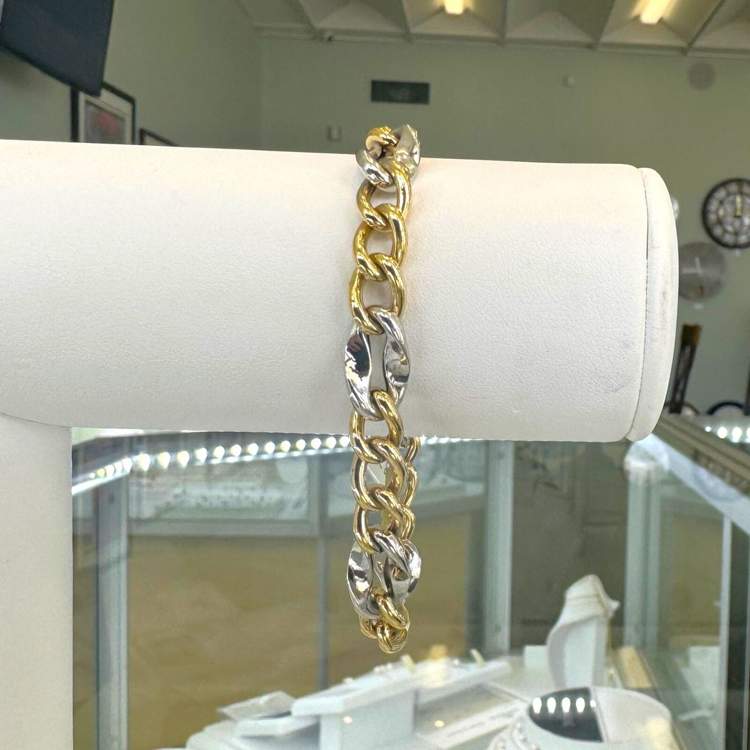Brand New 14k Yellow and White Gold Two Tone Figaro Link Bracelet Italy 7.25"