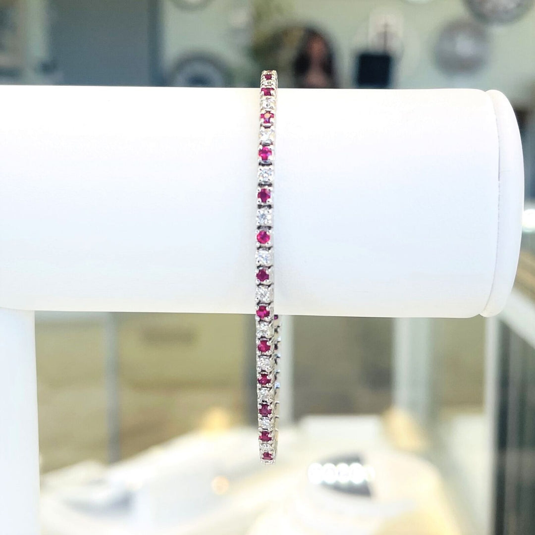 Brand New 14k White Gold Ruby and Diamond Tennis Bracelet 7"