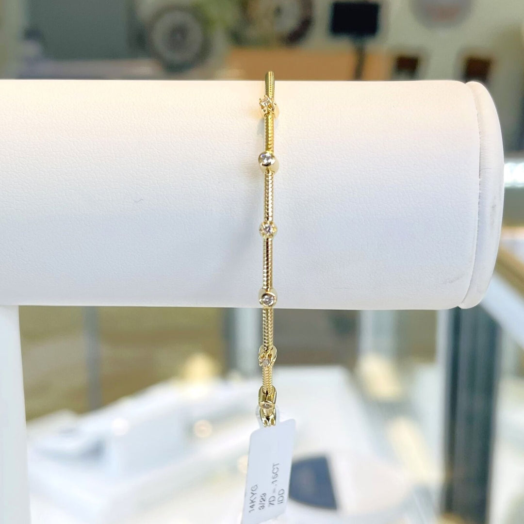 Brand New 14k Yellow Gold and Bezel Set Diamond Bangle Bracelet 7"