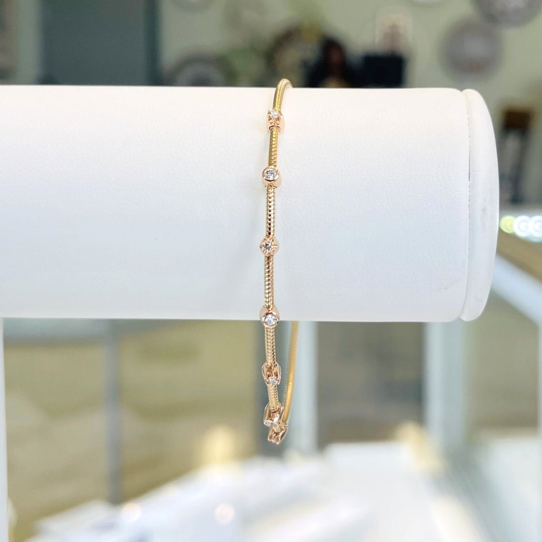 Brand New 14k Rose Gold and Bezel Set Diamond Bangle Bracelet 7"