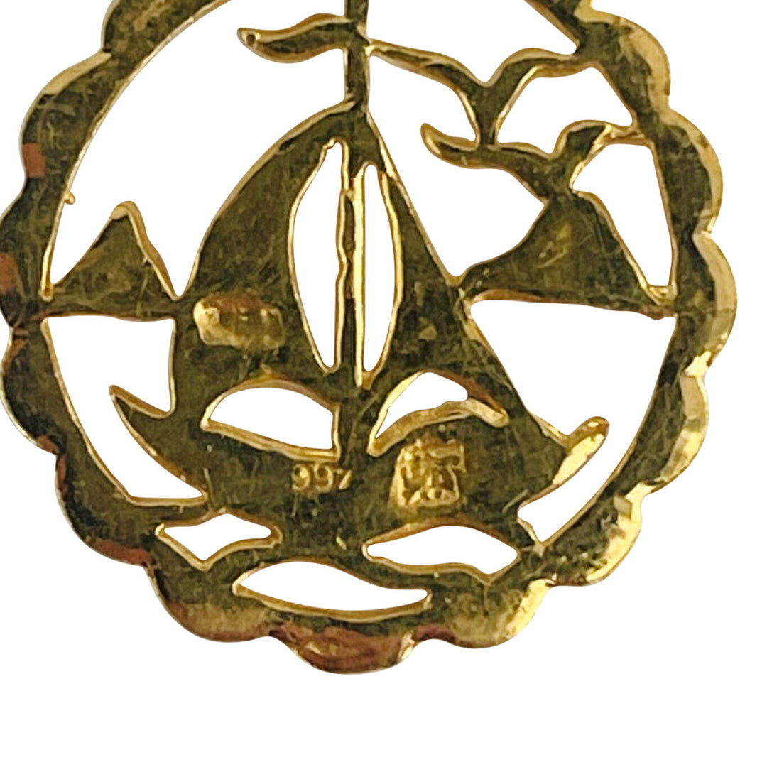 24k Pure Yellow Gold 4.1g Nautical Sailboat Charm Pendant 1.1"