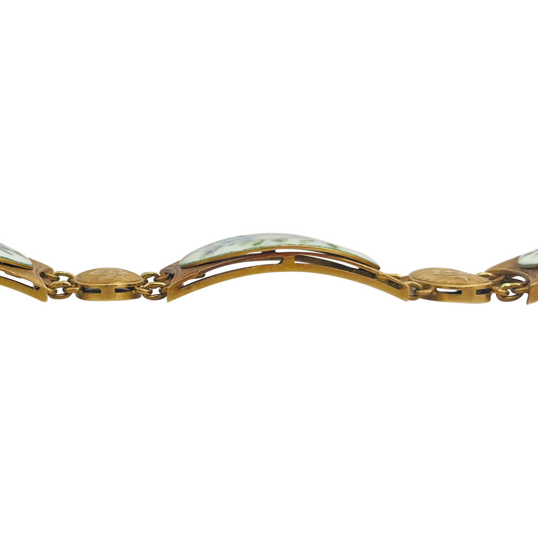 18k Yellow Gold and Painted Enamel 43.7g Vintage Floral Link Bracelet 7.25"