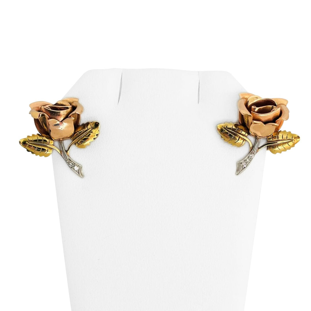 Cartier Vintage 18k Rose & Yellow Gold Platinum and Diamond Rose Earclips 1940