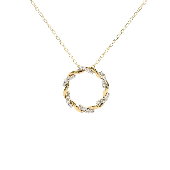Brand New 14k Yellow Gold and Diamond Circle Pendant Necklace 18