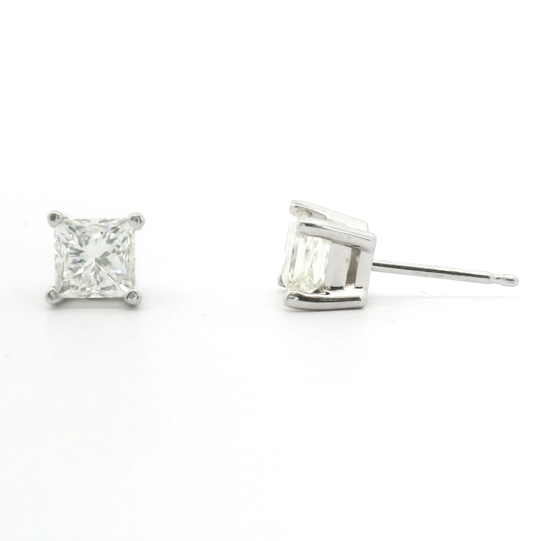 Brand New 1.5cttw Princess Cut Diamond Stud Earrings 14k White Gold