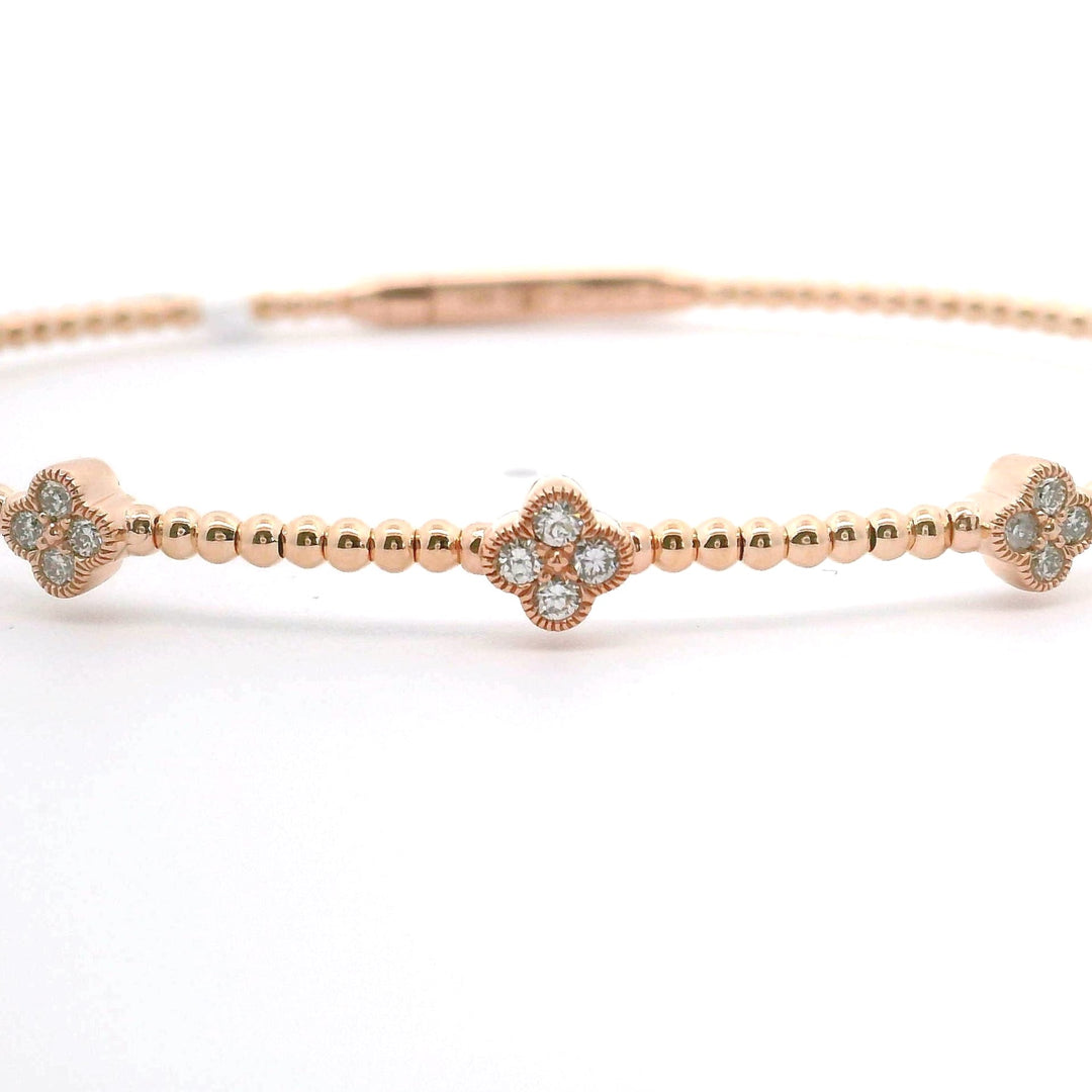 Brand New 14k Rose Gold and Diamond Clover Station Flex Bangle Bracelet 7"