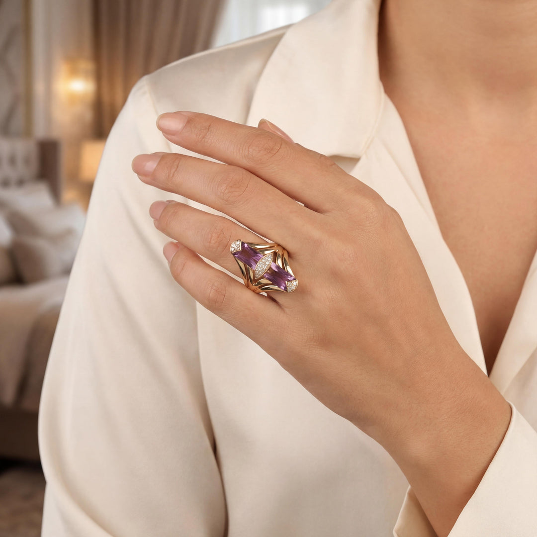 14k Yellow Gold Amethyst and Diamond Ladies Large Vintage Ring Size 6
